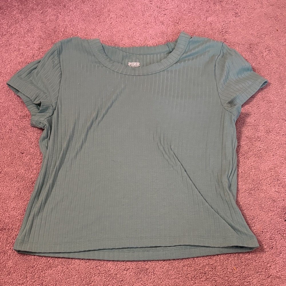 PINK Victoria's Secret Ribbed Teal Short Sleeve Top